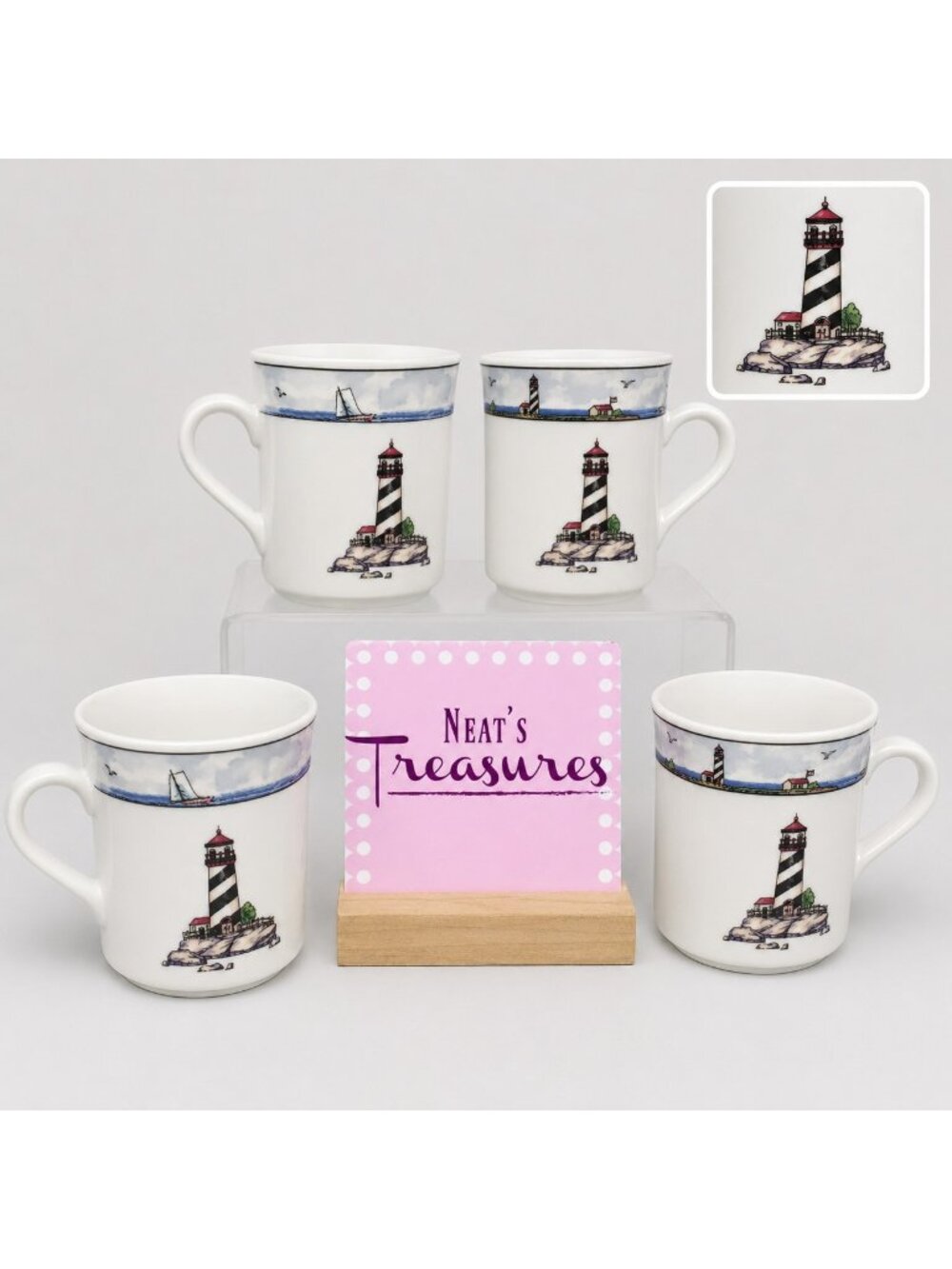 Totally Today COASTAL LIGHTHOUSE Center & Rim Stoneware 8 oz Cups Mugs Set of 4